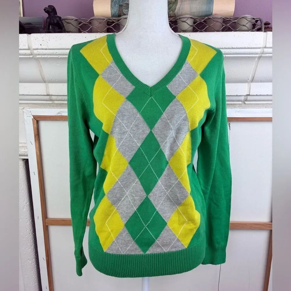 Izod Preppy Old Money Cotton Green Argyle V-Neck Sweater Royal Tennenbaum vibe